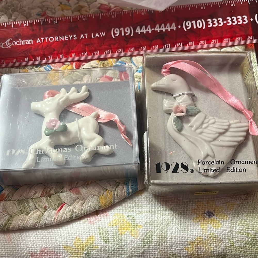Christmas Reindeer w/Rose Porcelain Ornaments Limited Edition 1928 JewelryCo
